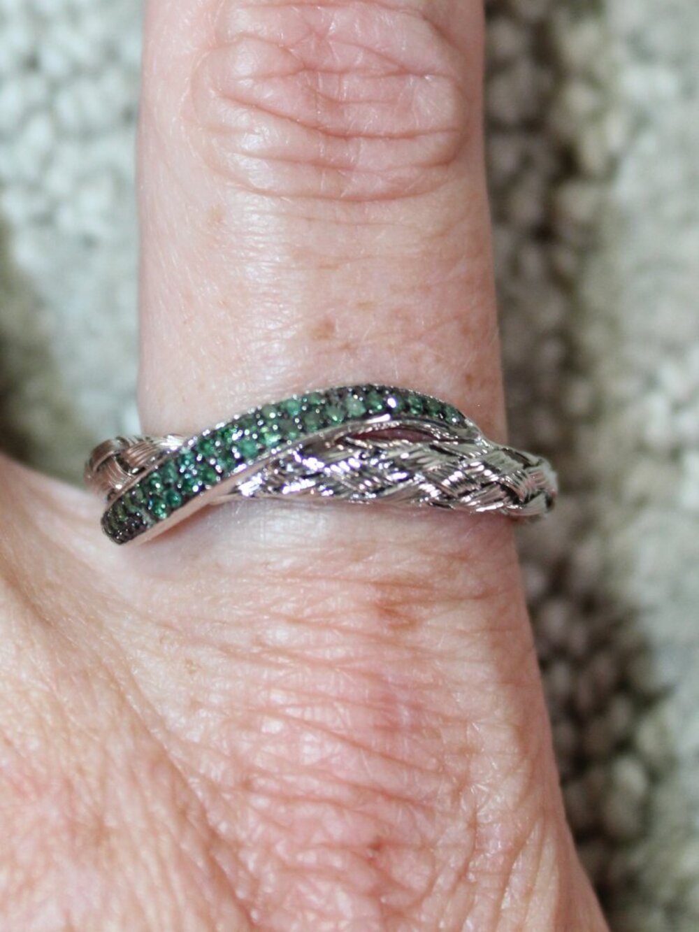 Sterling Silver Size 8.5 Woven & Pave Green Stones Ring